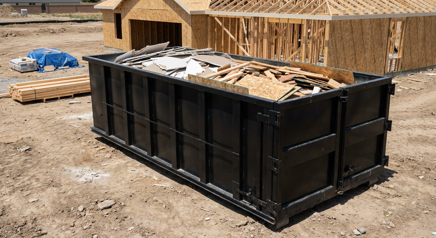 Matte-black 30-yard roll-off construction dumpster sitting directly on the compacted-dirt site of a framed single-family home build in Birmingham, drywall and lumber scrap loaded inside.