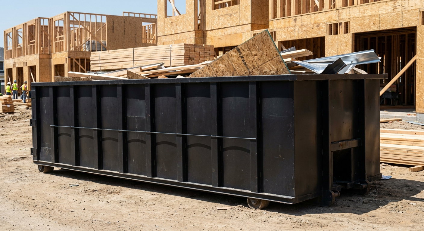 Matte-black 40-yard roll-off construction dumpster being lowered from a white-cab hooklift delivery truck onto the compacted-dirt jobsite at a commercial build site in Birmingham