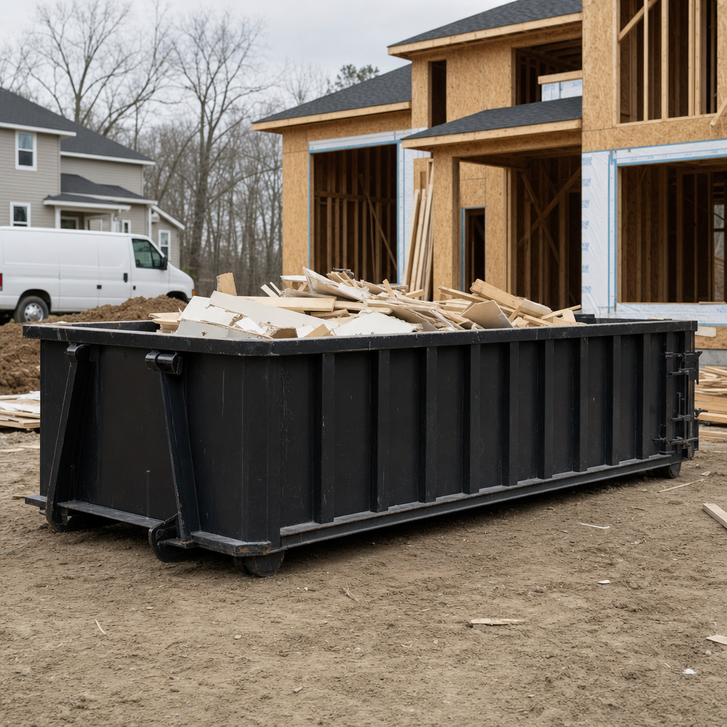 Worker in a yellow high-visibility vest tossing framing lumber and broken drywall into a matte-black 30-yard construction roll-off dumpster on an active build site in Birmingham, bright daylight