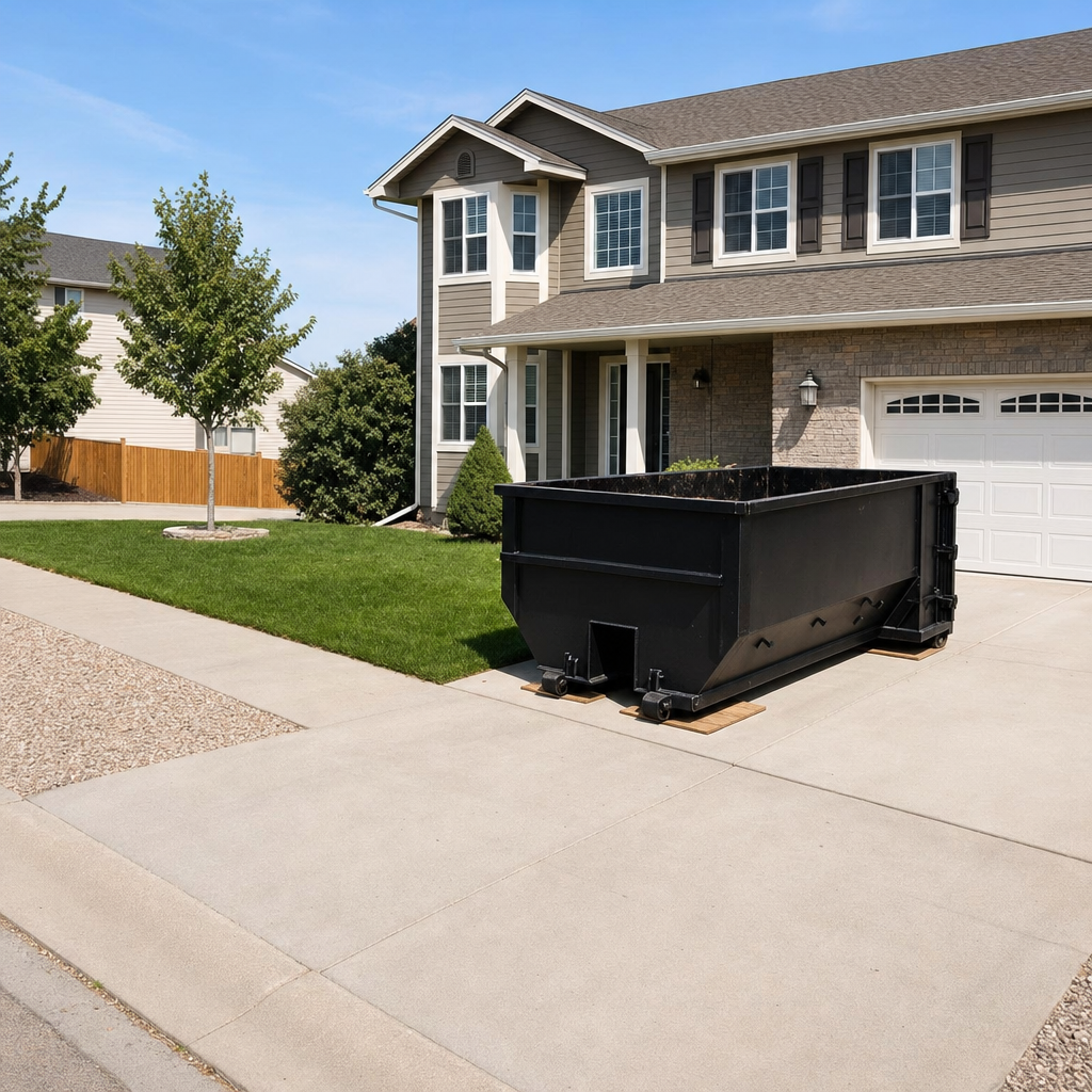 10-yard matte-black residential dumpster placed directly on a narrow Birmingham concrete driveway, room remains for a parked sedan beside it, mid-morning natural light
