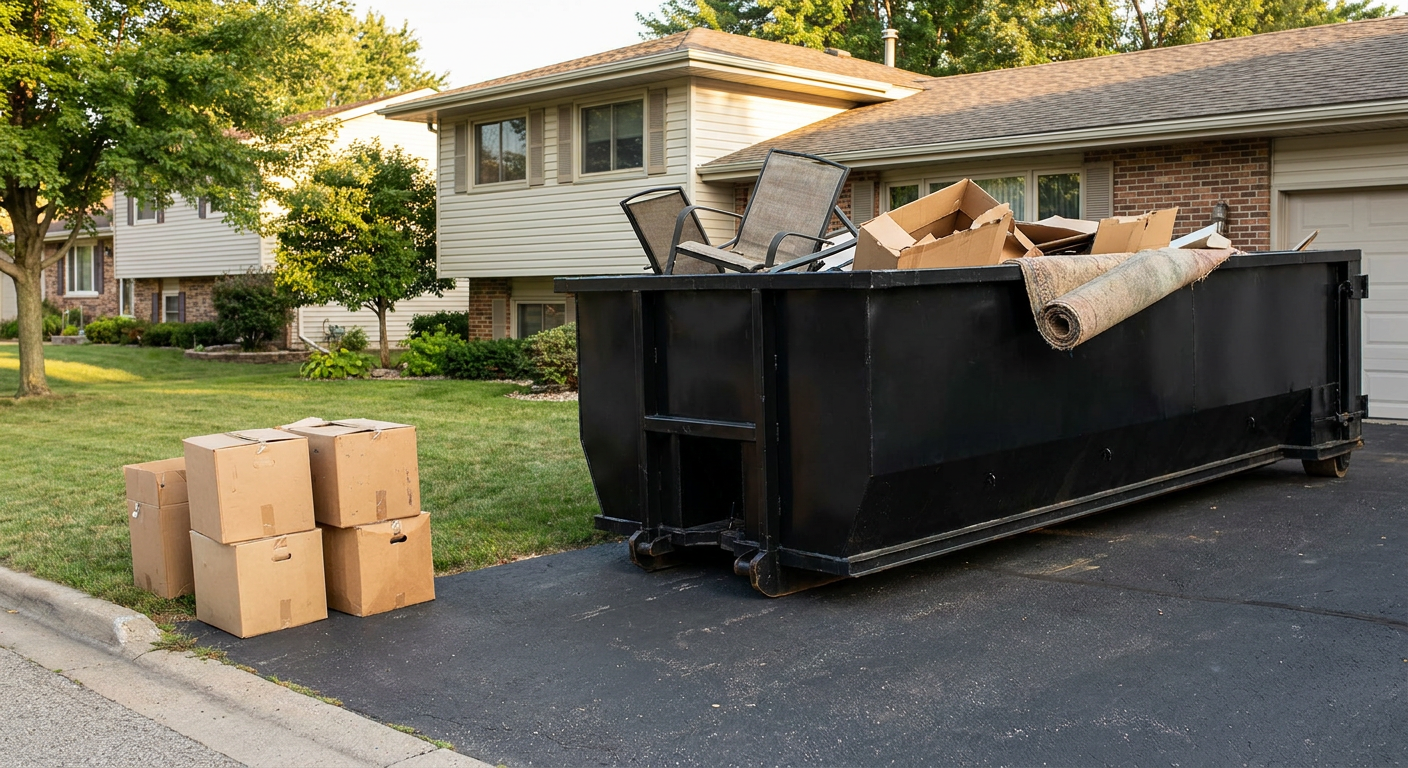 Front-yard view of a Birmingham split-level home with a 20-yard matte-black roll-off dumpster sitting directly on the asphalt driveway, a few clearly labeled donation boxes staged at the curb, calm sunny afternoon.