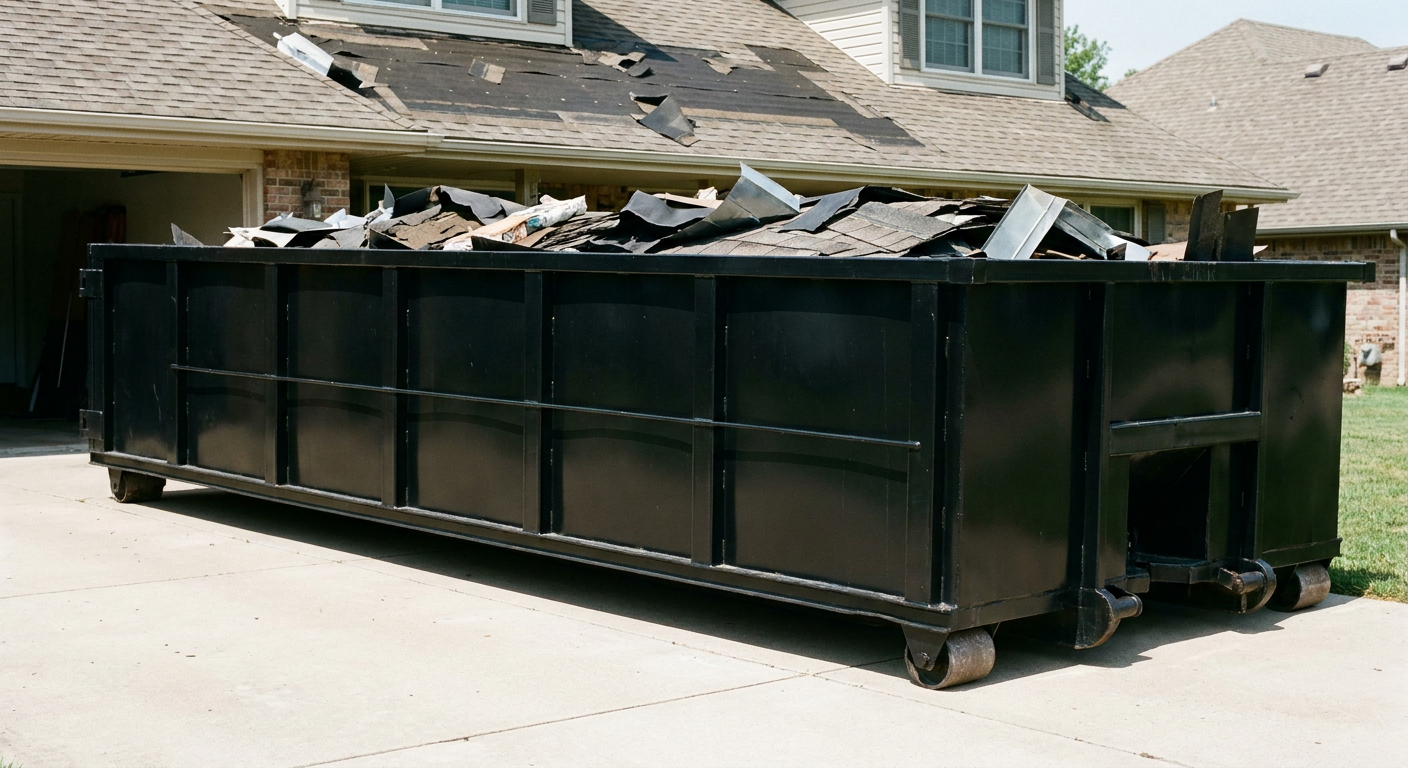 Matte-black 20-yard roofing roll-off dumpster with steel ribbed sides and swinging rear door, sitting directly on the concrete driveway of a two-story Birmingham home, asphalt shingle debris being loaded over the low wall, clean documentary lighting.