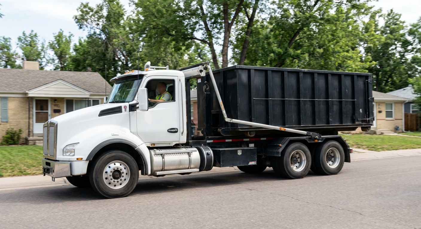A wide documentary shot of a matte-black roll-off delivery truck pulling onto a quiet Birmingham residential street at mid-morning, with neighborhood rooftops and tree-lined blocks visible behind, showing the metro coverage footprint.