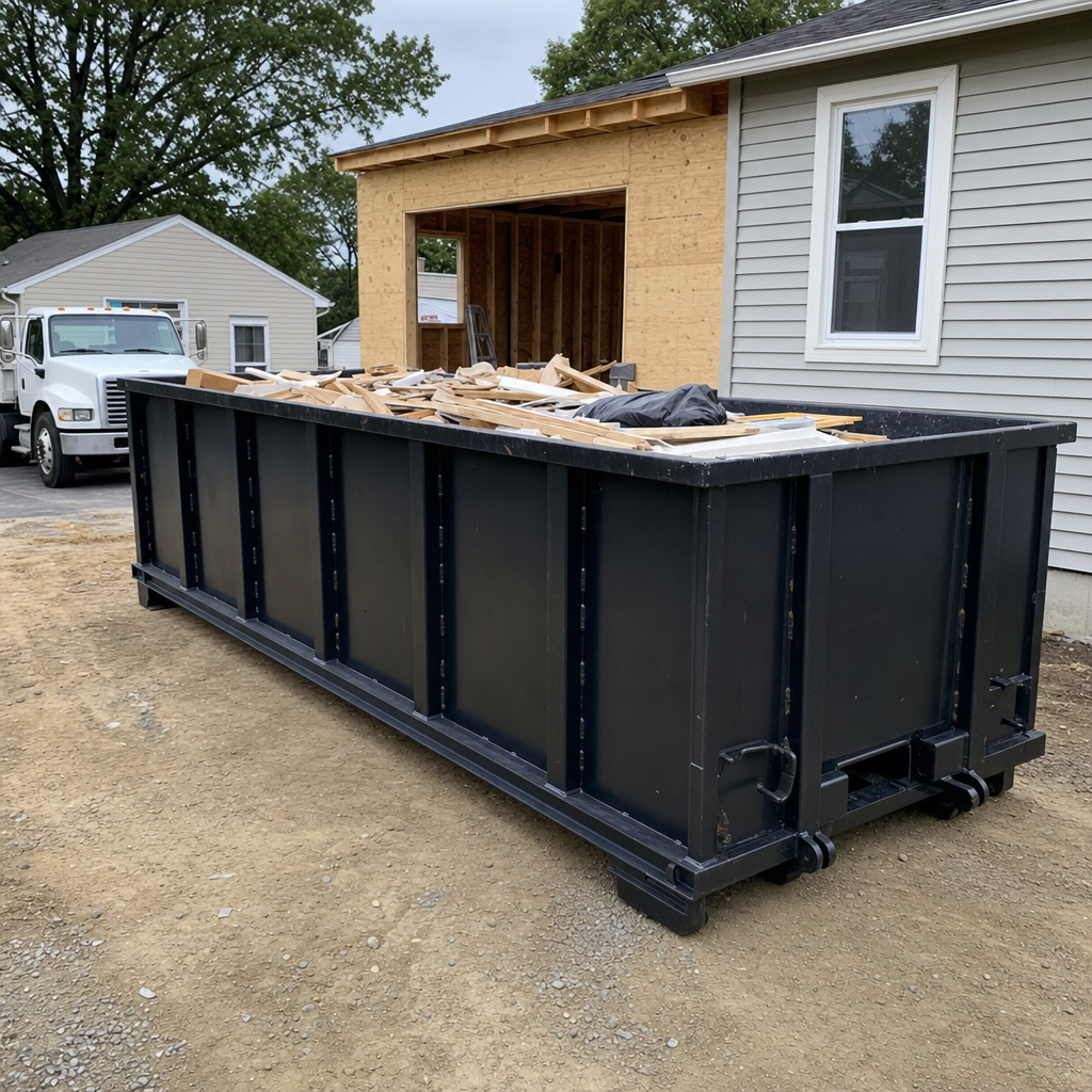A matte-black 30-yard roll-off dumpster positioned at a Birmingham residential addition jobsite, with framing lumber and drywall scraps loaded through the open swinging rear doors.