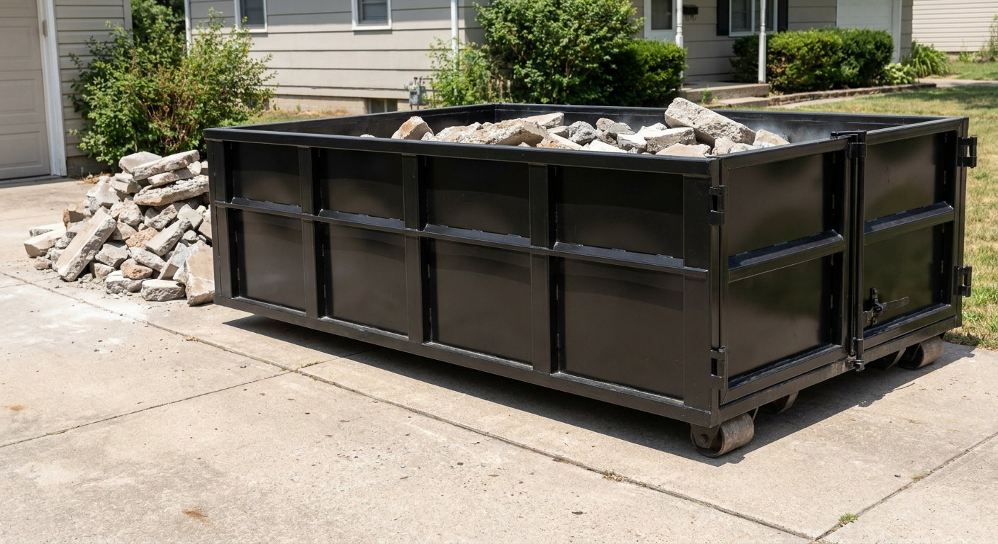 A matte-black low-side heavy-debris roll-off dumpster placed directly on a Birmingham concrete driveway, with broken concrete chunks neatly stacked beside it under clean daylight.